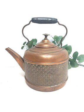 Antique Copper & Brass Teapot Black Wooden Handle